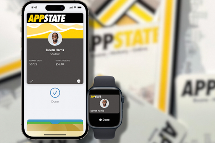 Image shows this Mobile AppCard availability on a mobile phone and smart watch with traditional cards in the background.